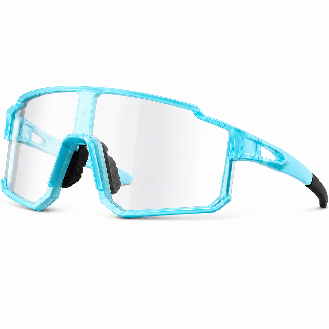 Light blue wrap-around sports sunglasses with clear lenses and black temple tips, shown on a plain white background.