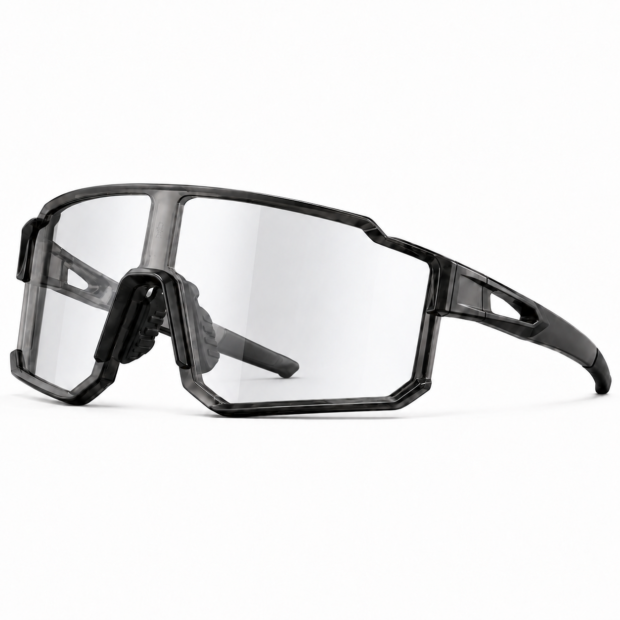 Black wrap-around sports sunglasses with a clear lens, shown at a three-quarter angle on a white background.