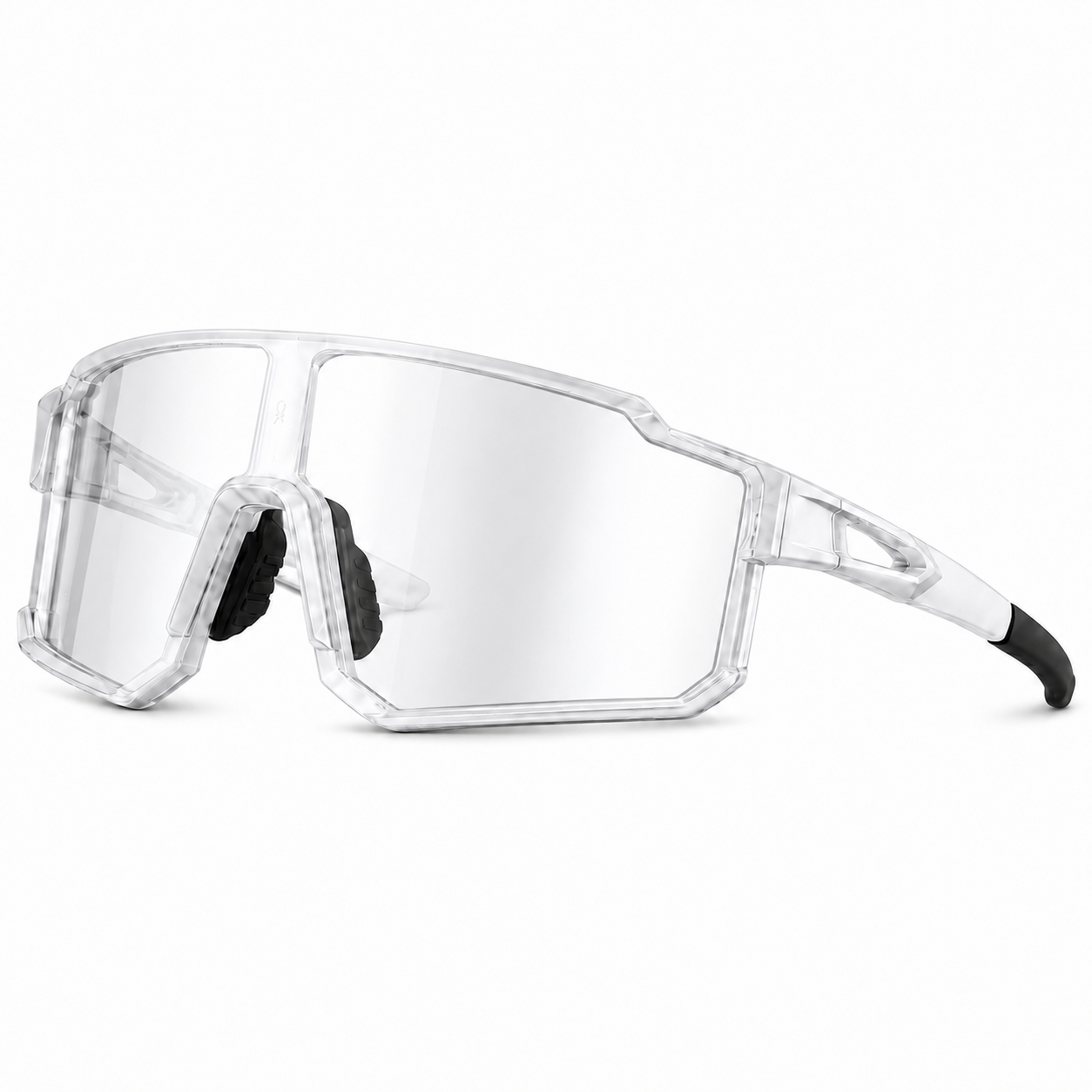 Clear protective safety goggles with a transparent frame, clear lenses, black nose pads, and black temple tips, shown on a white background.