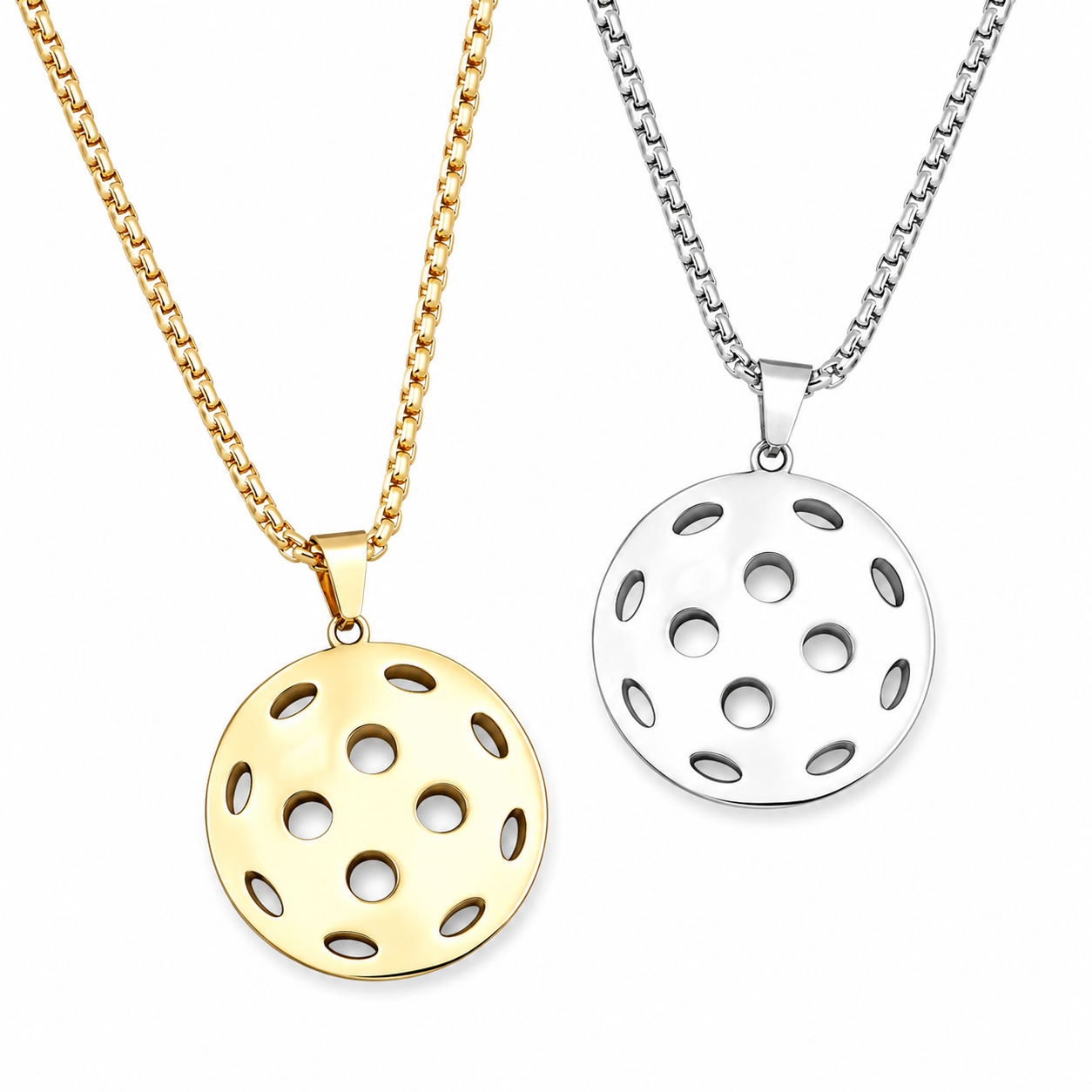 Two round lotus pendant necklaces shown on white backgrounds, one in yellow gold with a gold chain and the other in silver with a silver chain.