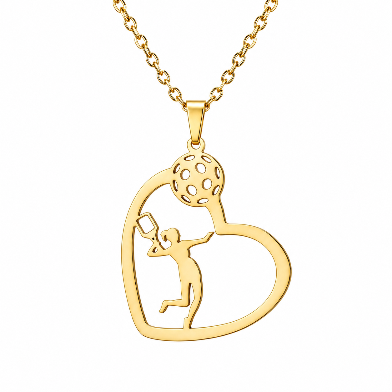 A gold pendant necklace featuring a heart-shaped silhouette with a child playing with a golf ball, suspended from a delicate gold chain against a plain white background.