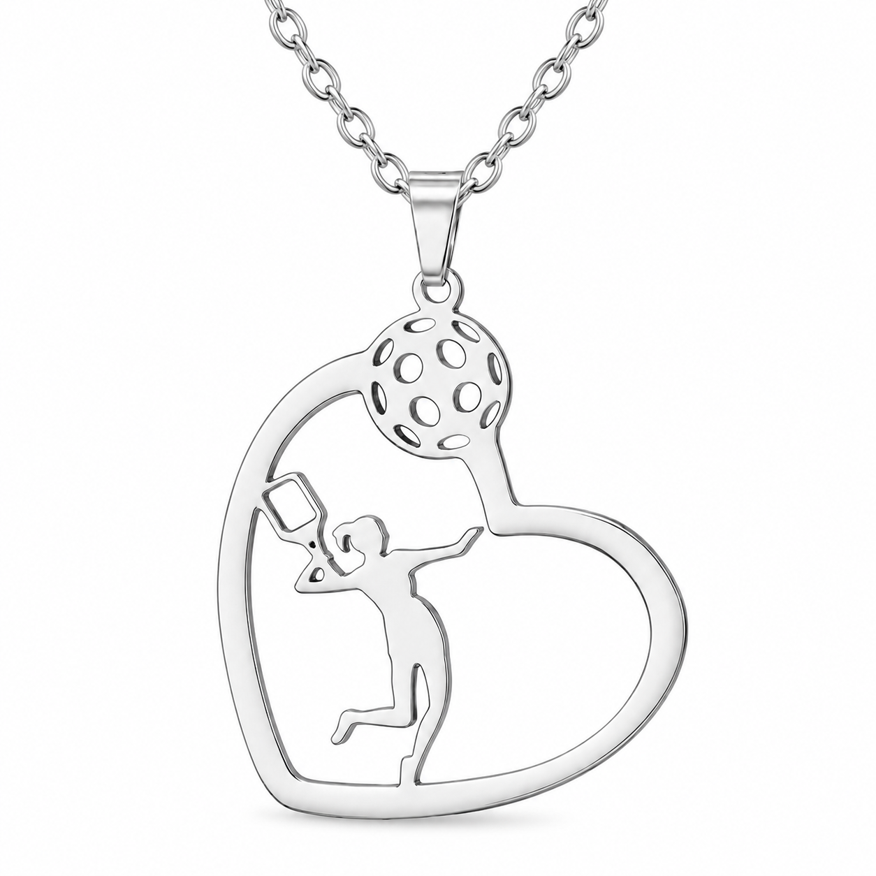 A silver pendant necklace featuring a heart-shaped outline with a silhouette of a golfer hitting a golf ball, shown on a clean white background.