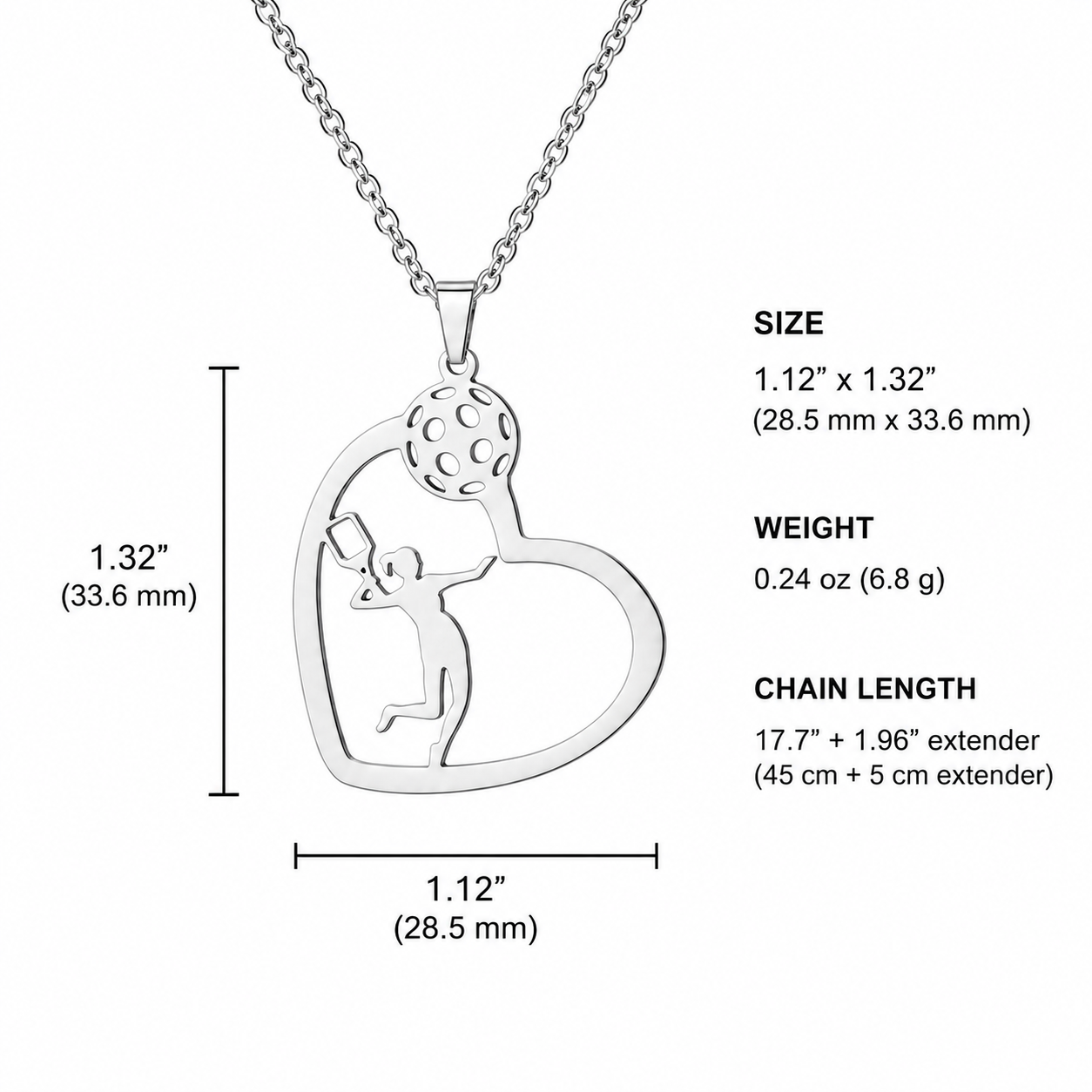 Silver pendant necklace with a heart-shaped outline and a figure holding a golf ball, shown with chain and overlaid dimension text for size, weight, and chain length.