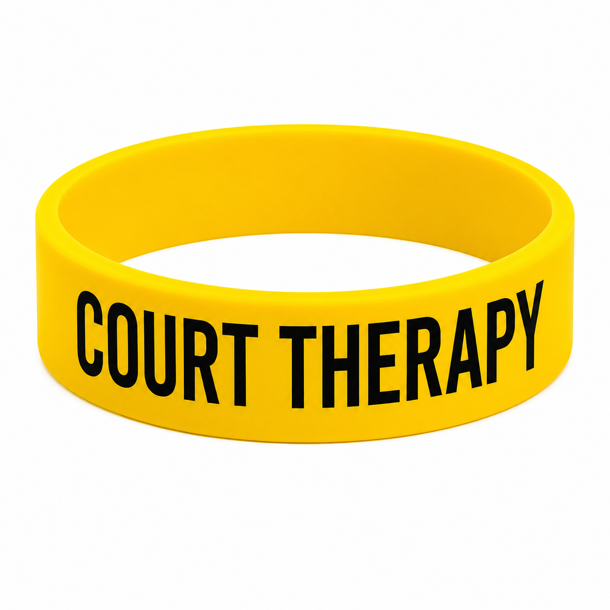 A bright yellow silicone wristband with the words 'COURT THERAPY' printed in bold black capital letters, shown on a plain white background.