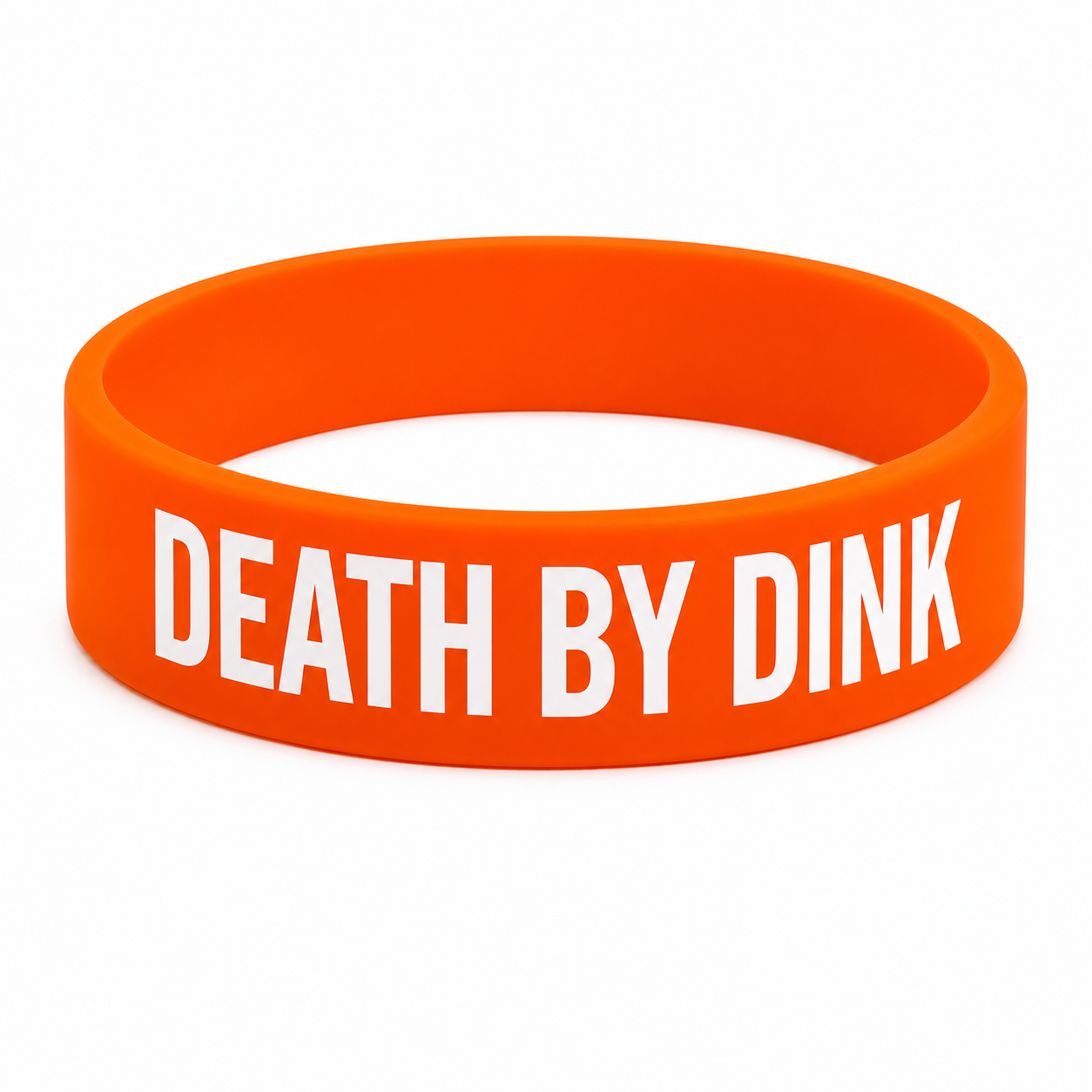An orange silicone wristband with the text 'DEATH BY DINK' printed in bold white capital letters, shown on a plain white background.
