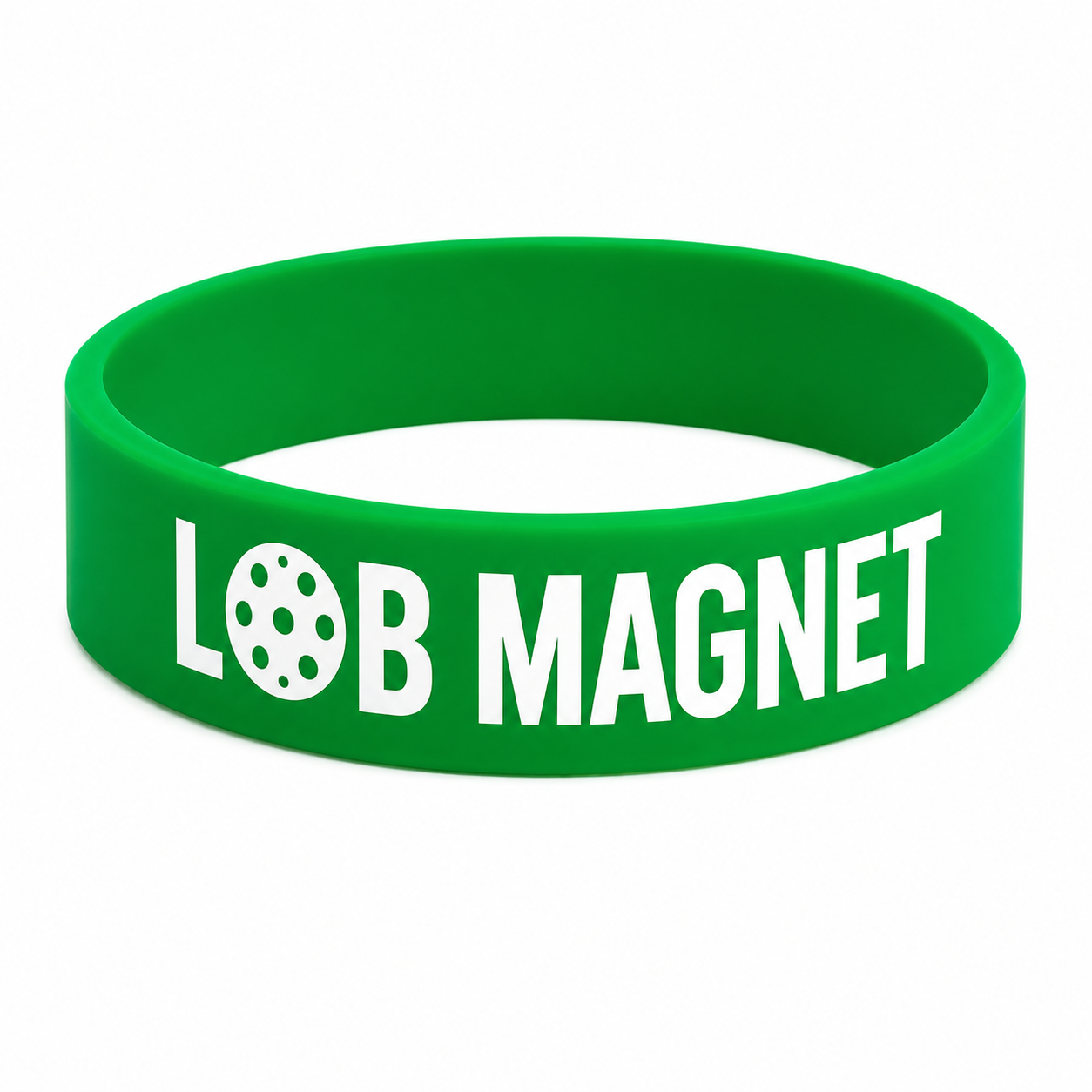 A bright green silicone wristband featuring the text 'LOB MAGNET' in bold white letters, with a polka-dot circle representing the letter 'O'.
