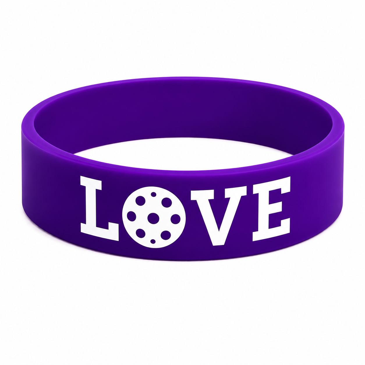 A purple silicone wristband featuring the word 'LOVE' printed in white, with the letter 'O' designed as a white circle with black dots, set against a plain white background.