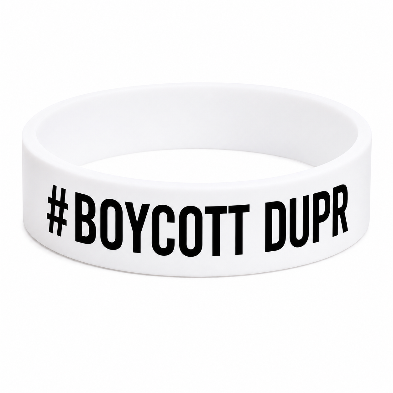 A white silicone wristband with the text '#BOYCOTT DUPR' printed in bold black capital letters, shown on a plain white background.