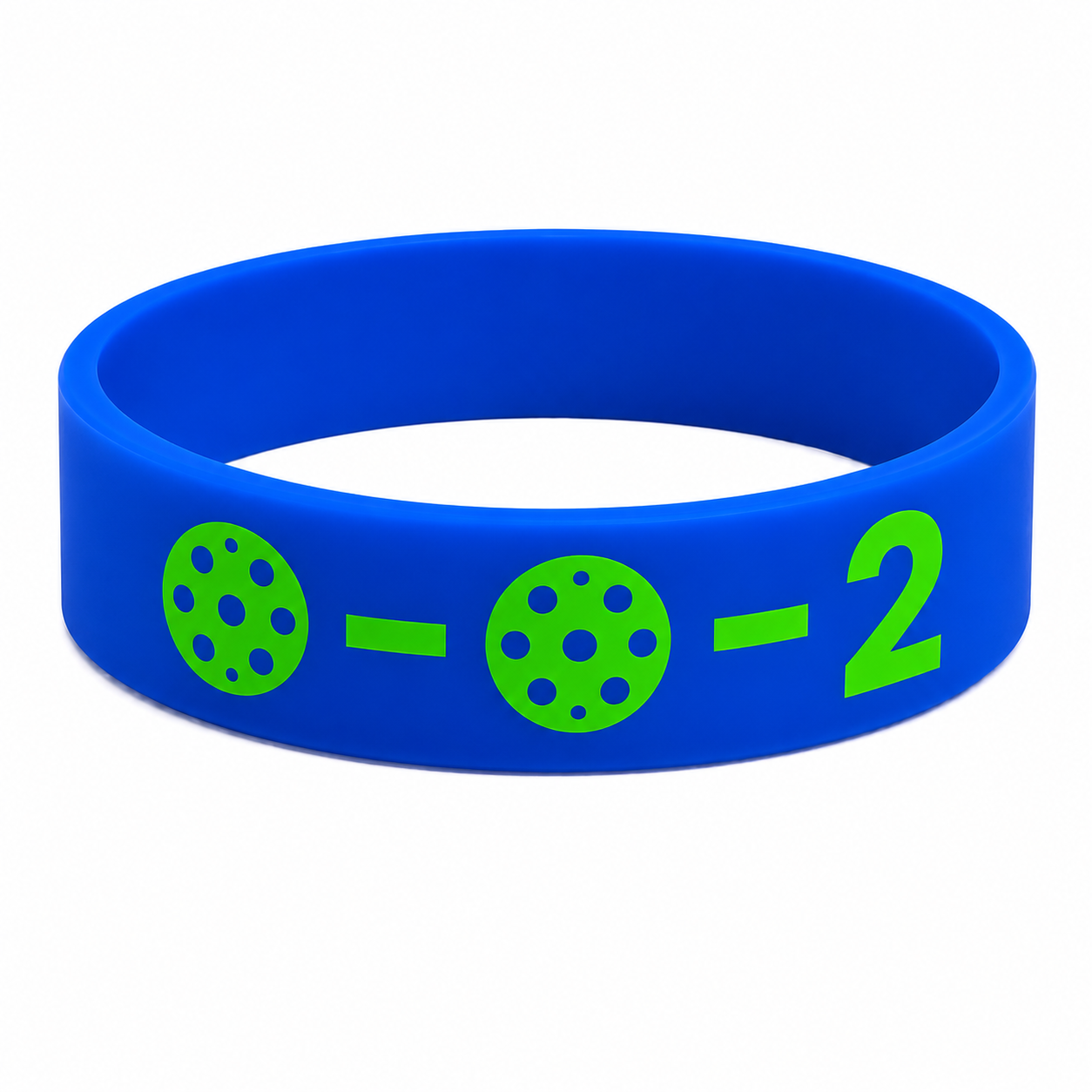A blue silicone birthday wristband with bright green printed graphics, including two perforated circle motifs and the number 2, shown on a plain white background.