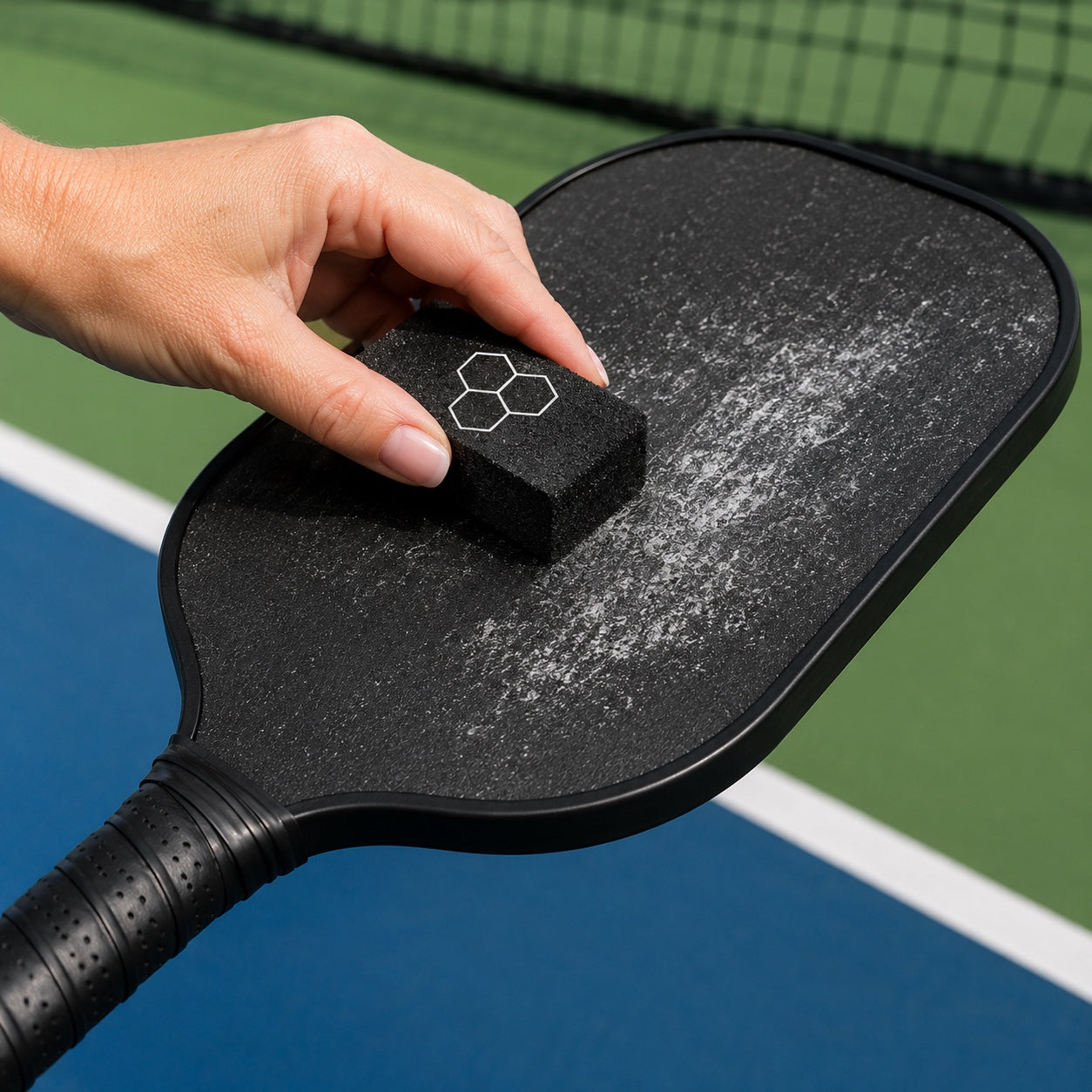 A close-up of a hand holding a black cleaning sponge over a black pickleball paddle on an outdoor pickleball court with blue and green surfaces visible.