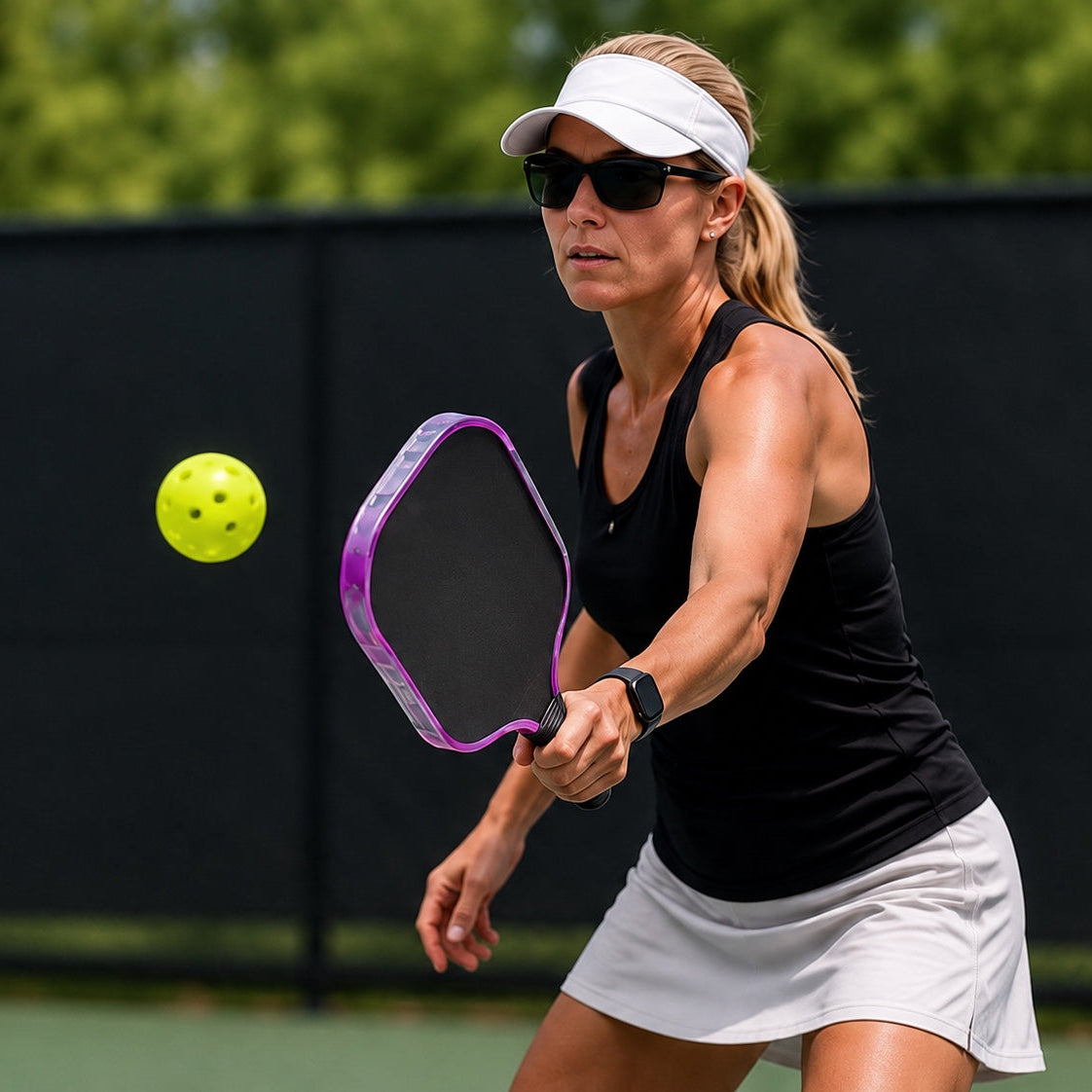 A female tennis player in a black tank top and white skirt swings her racket to hit a yellow tennis ball on an outdoor court, with a black fence and green trees in the background.