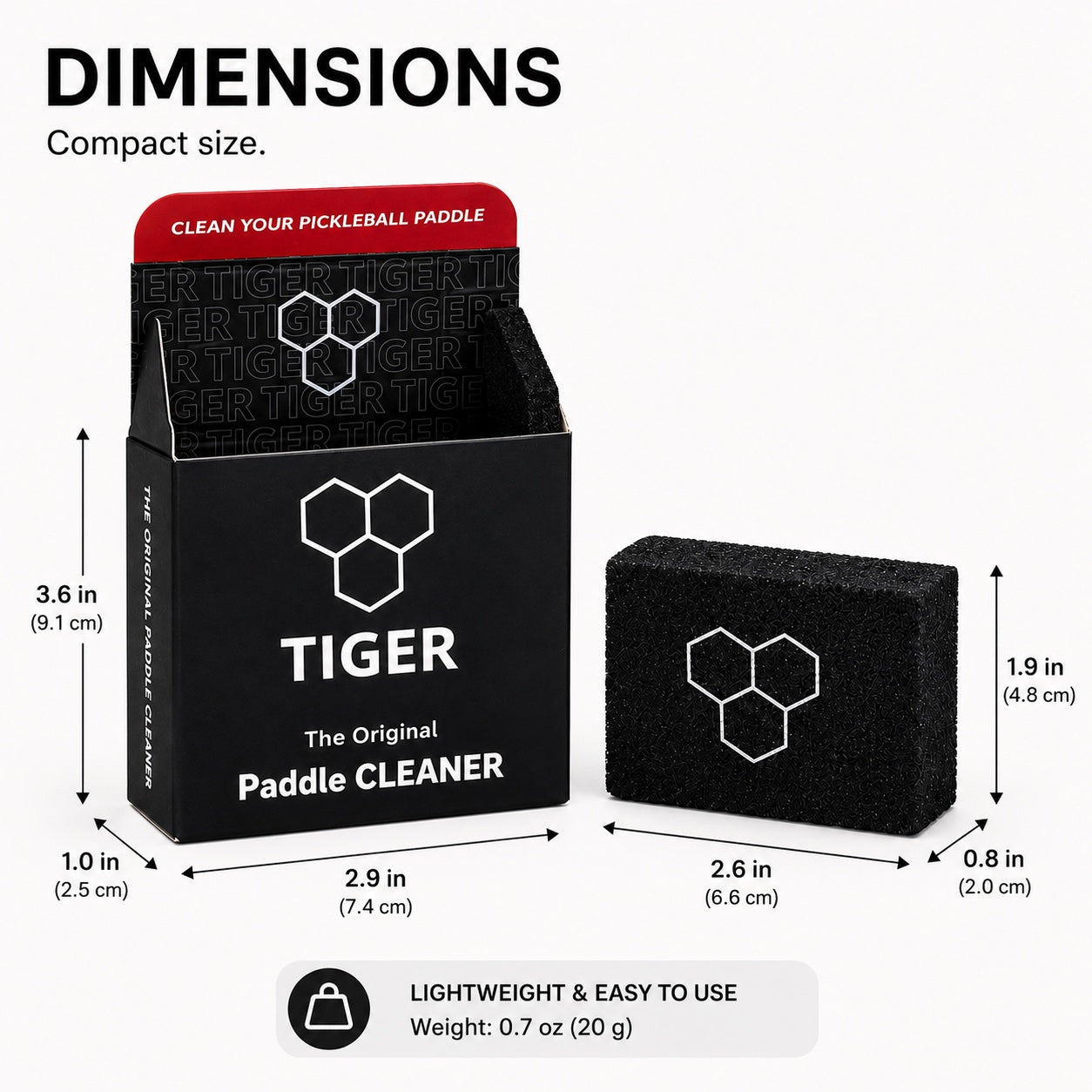 Product dimensions diagram for Tiger Paddle Cleaner, showing the compact black packaging box and the black sponge cleaner with measurement labels on a light gray background.