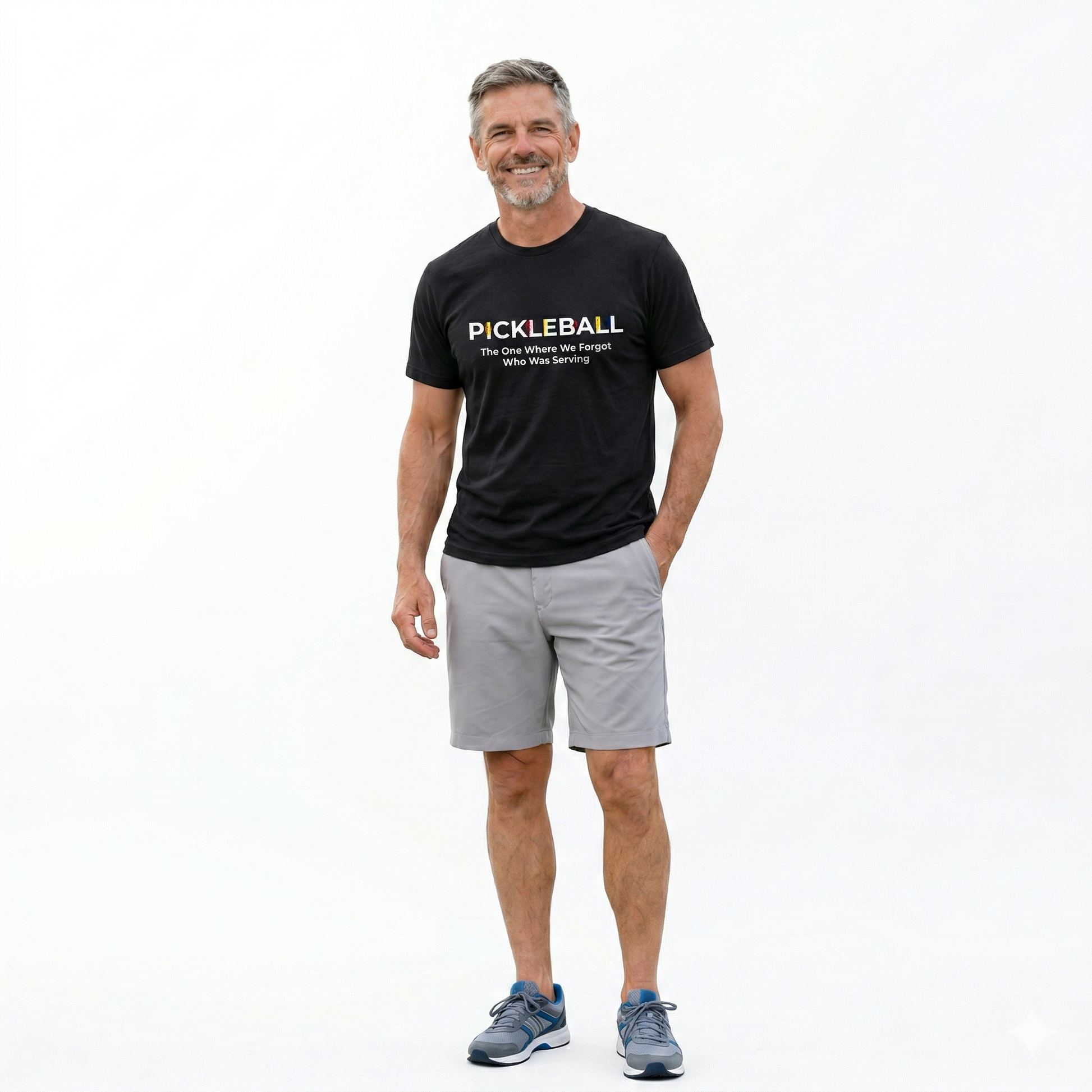 Man wearing a black pickleball t-shirt and gray shorts on a white background
