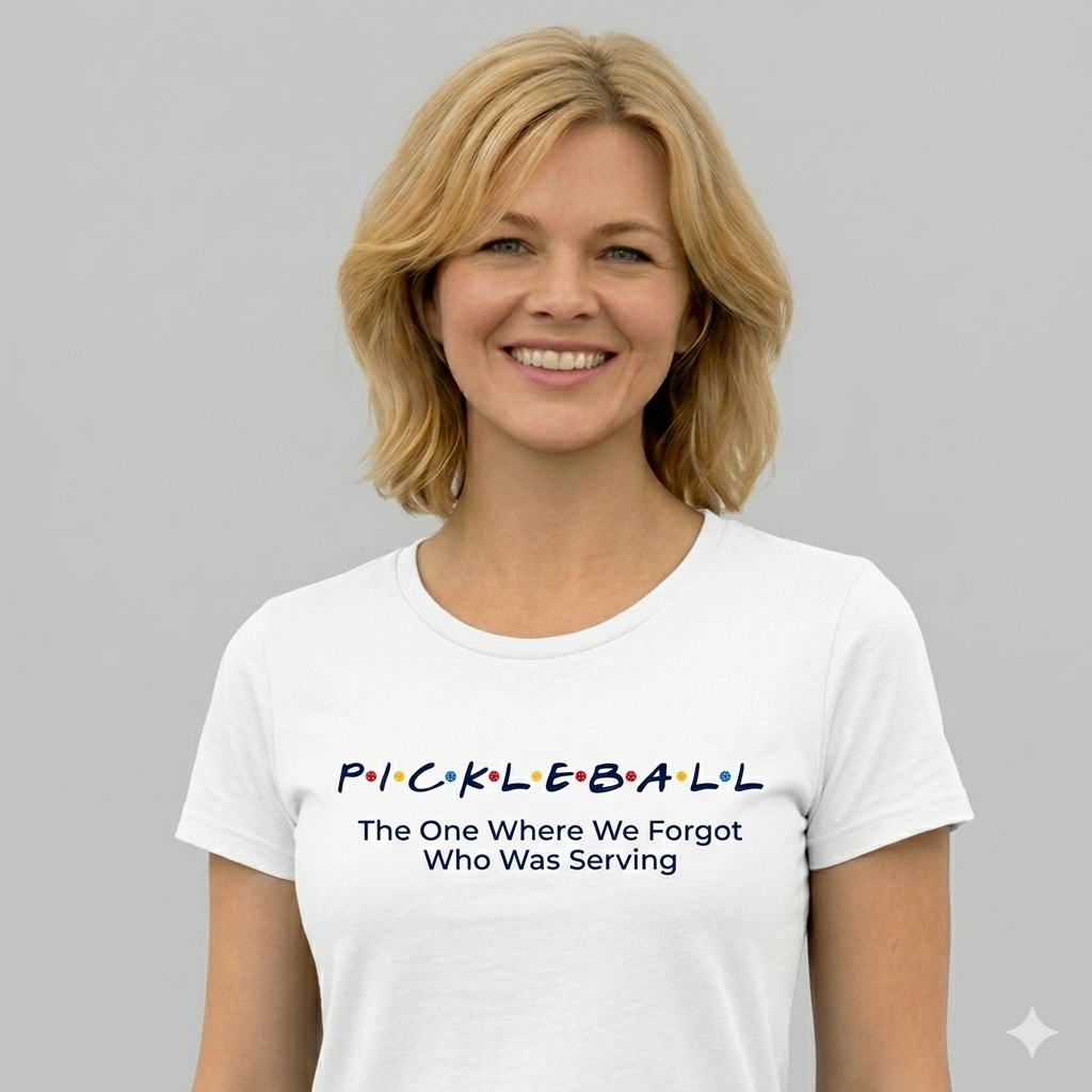 Woman wearing a white t-shirt with pickleball-themed text on a gray background