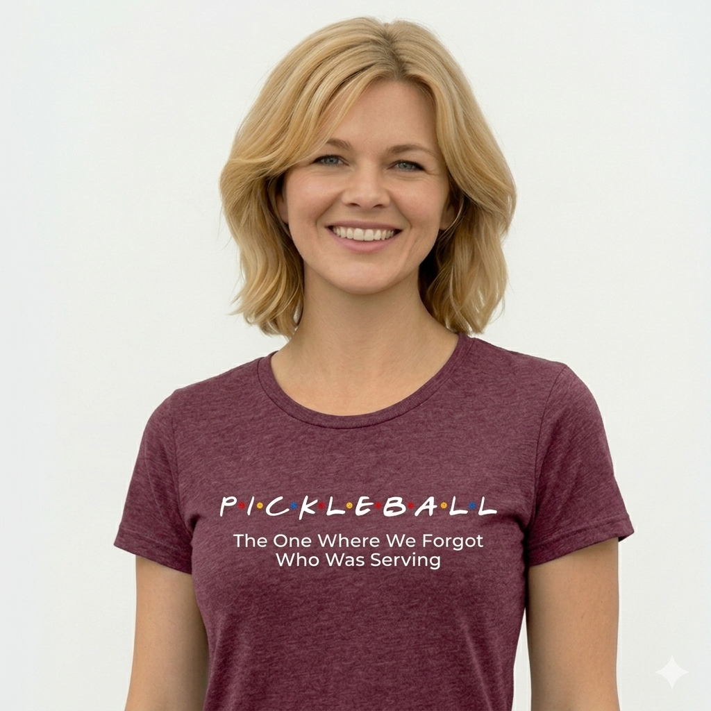 Woman wearing a maroon t-shirt with 'Pickleball: The One Where We Forgot Who Was Serving' text on a white background