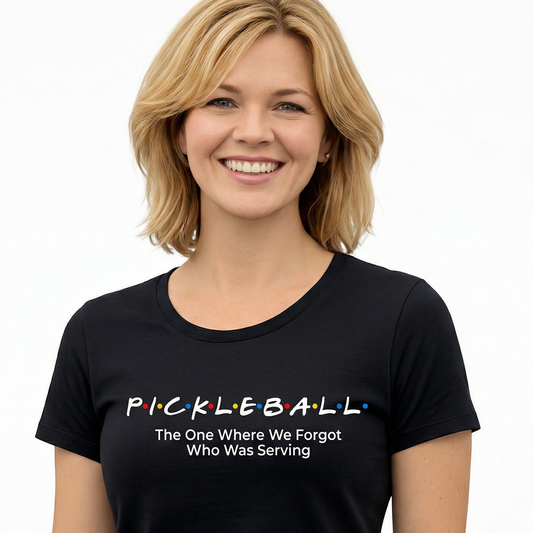 Woman wearing a black t-shirt with 'Pickleball: The One Where We Forgot Who Was Serving' text.