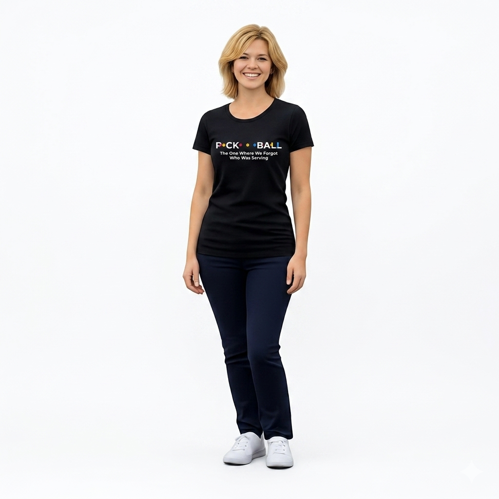 Woman wearing a black t-shirt with text on a white background