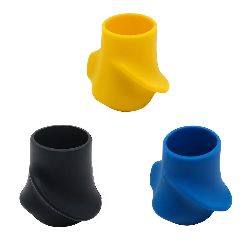 Three silicone cup-like grips in yellow, black, and blue, arranged on a plain white background.