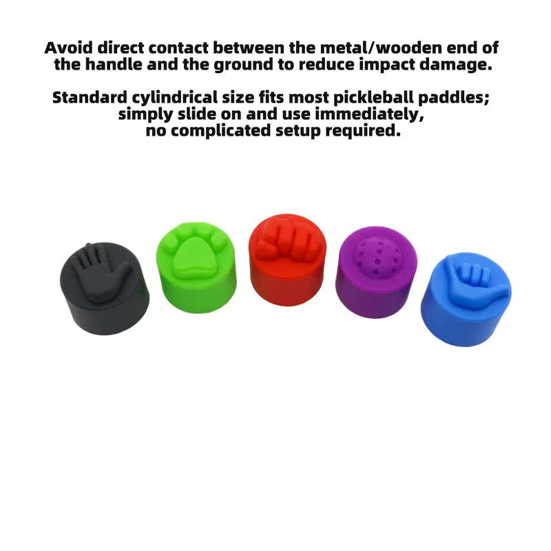 Four pickleball paddles with textured grip inserts in black, green, red, and blue, shown on a white background with instructional text above.