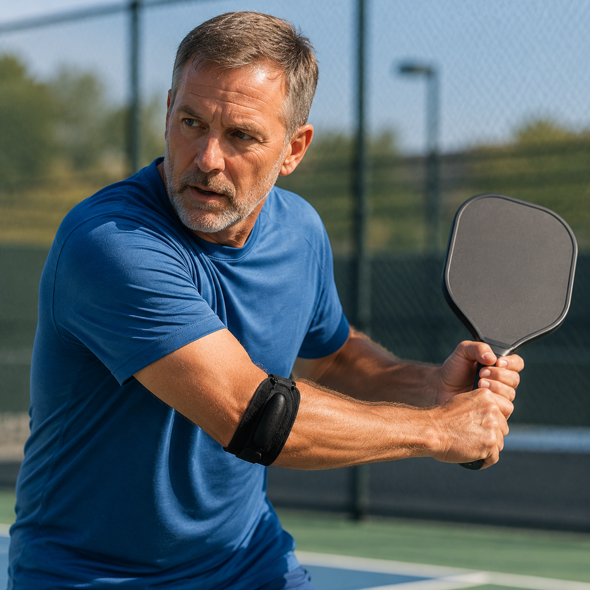 Man wearing a black elbow compression band during a pickleball backhand