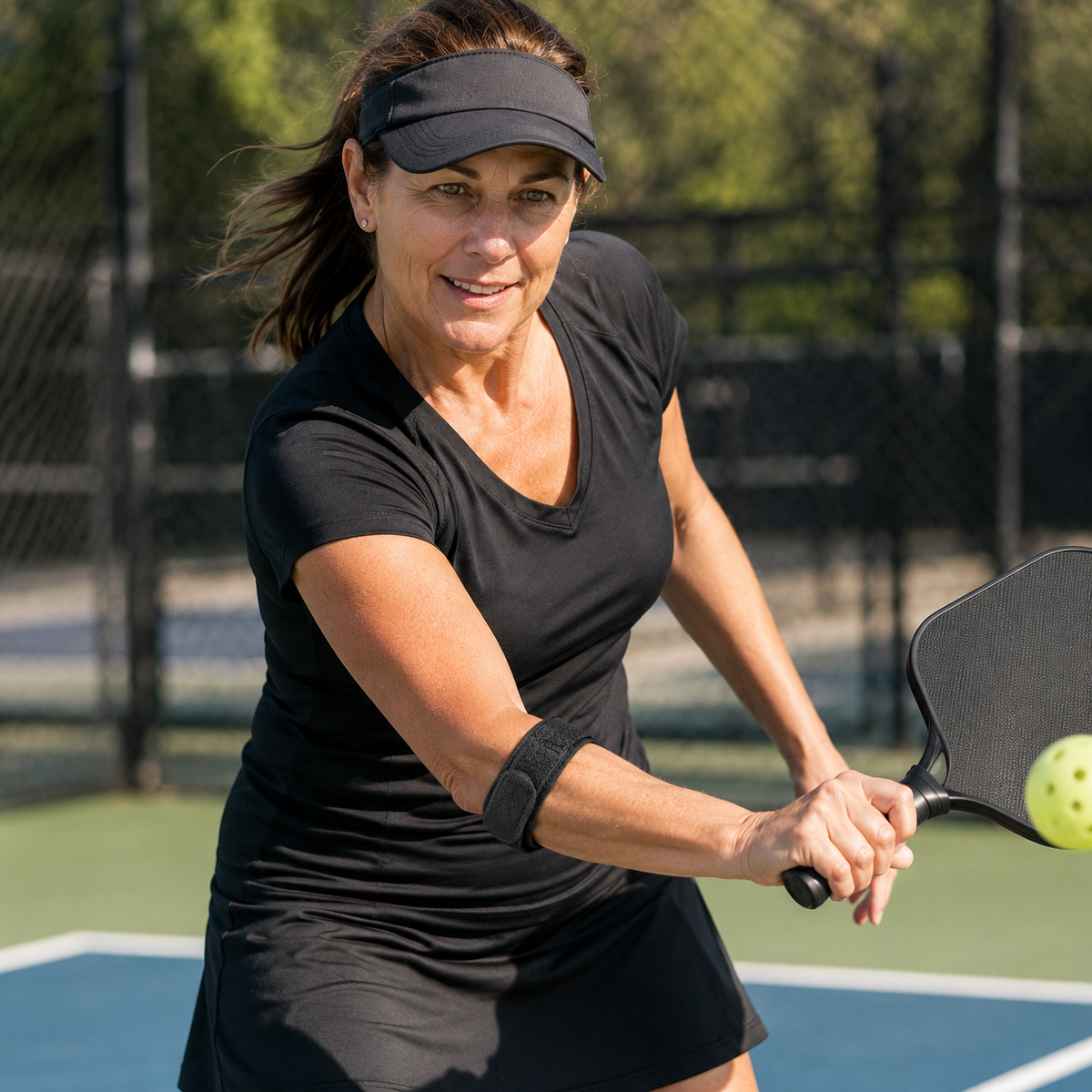 Woman wearing a black elbow compression band while playing pickleball