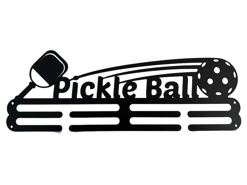 Black metal pickleball medal holder with three display bars