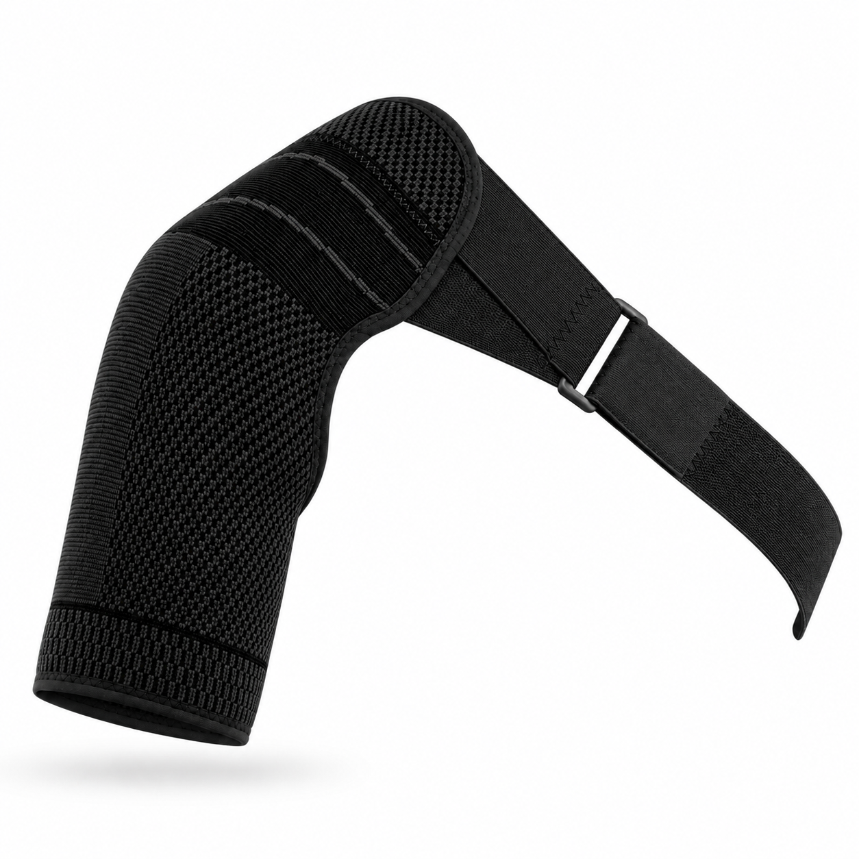 Black adjustable shoulder compression brace on a white background