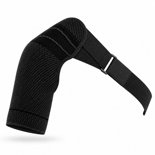 Black adjustable shoulder compression brace on a white background
