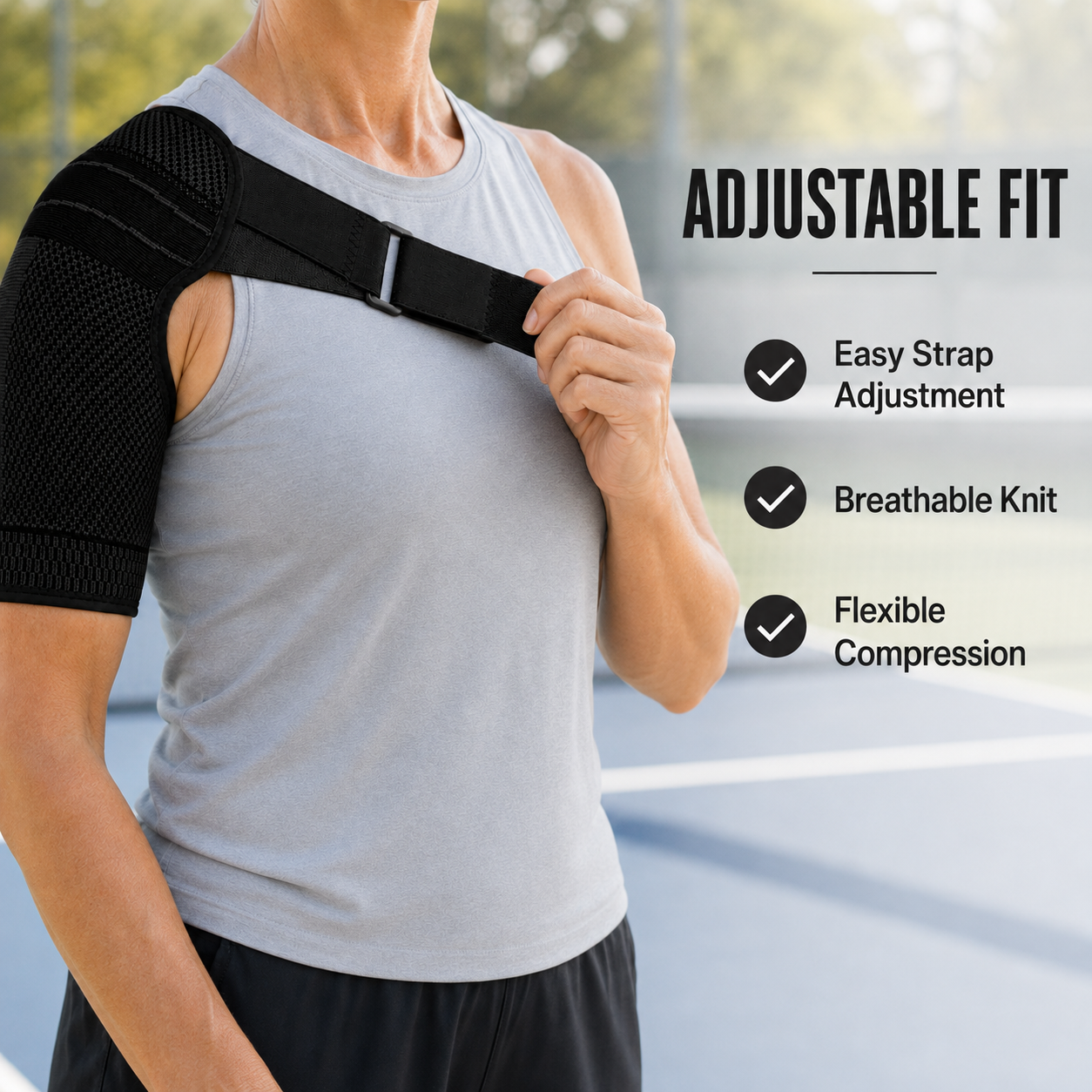 Woman adjusting the strap of a black shoulder compression brace on a pickleball court