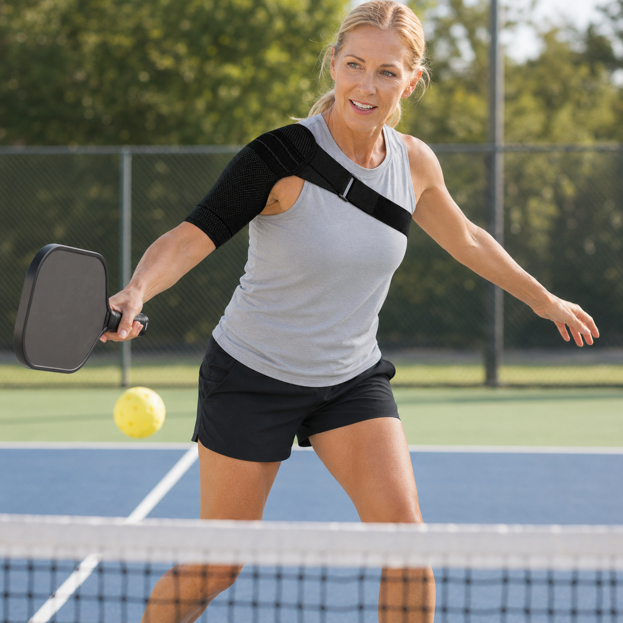 Woman wearing a black shoulder compression brace while playing pickleball