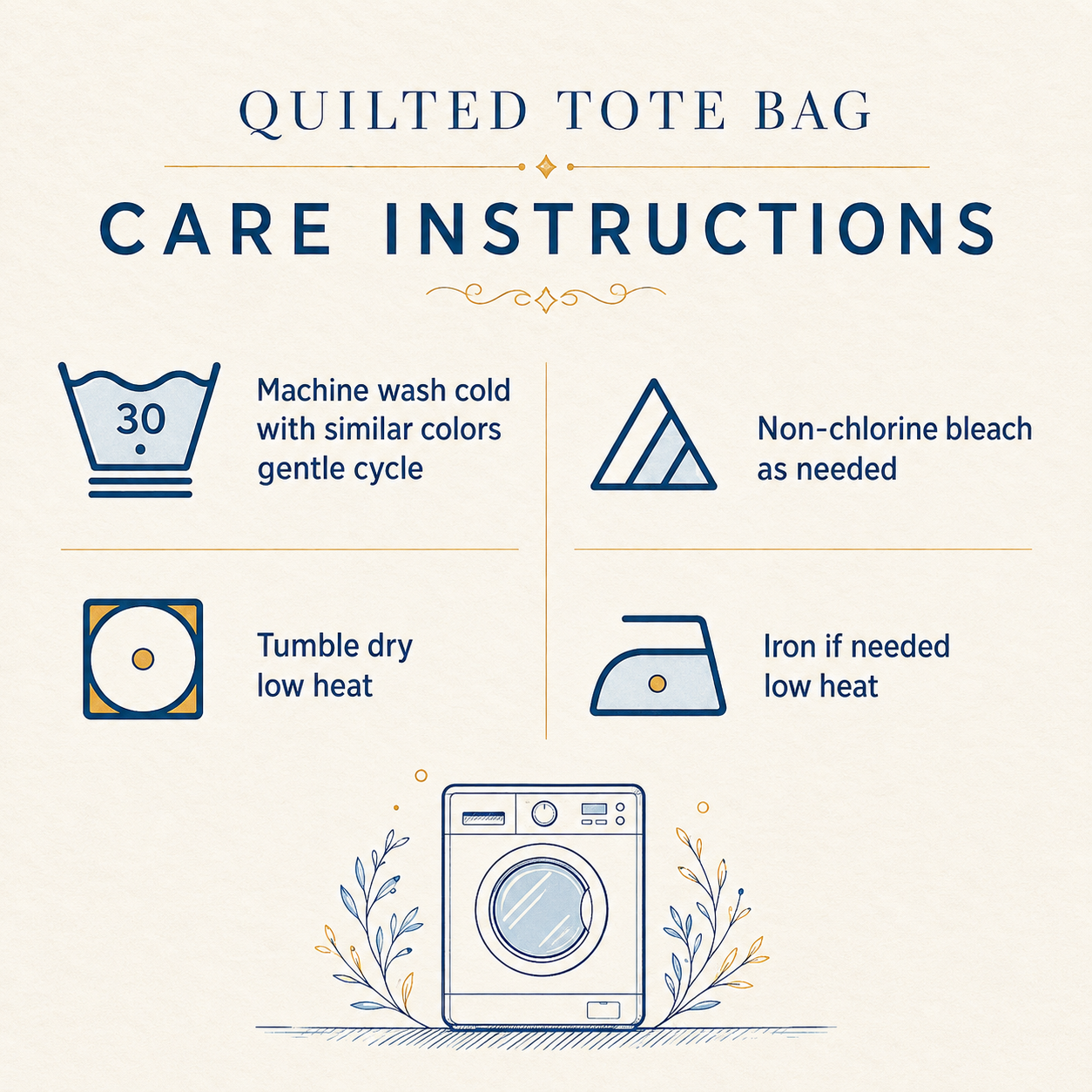 Care instructions for blue and yellow quilted pickleball tote
