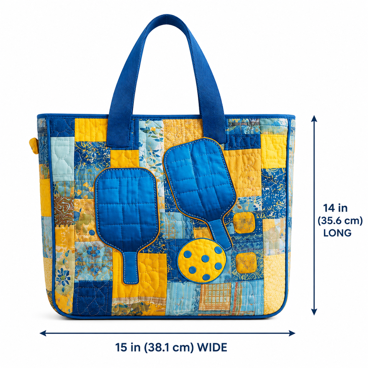 Blue and yellow quilted pickleball tote dimensions 15 inches wide by 14 inches long