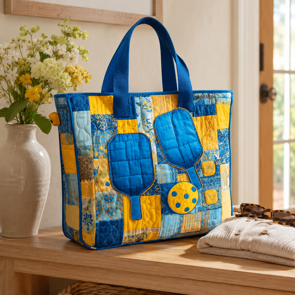 Blue and yellow quilted pickleball tote styled in a bright home entryway
