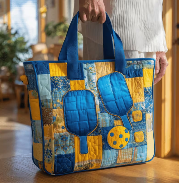 Blue and yellow quilted pickleball tote held indoors for everyday use