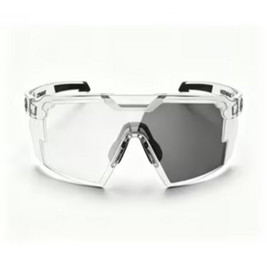 Clear-frame wraparound sports glasses