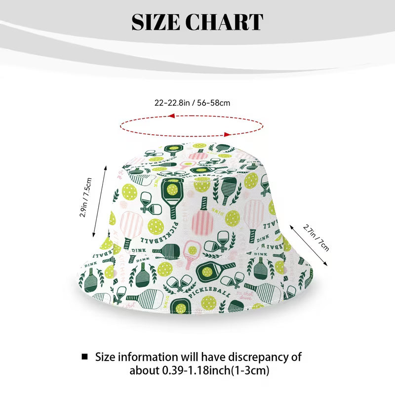 A size chart graphic showing a bucket hat with a tennis-themed print, including dimensions for circumference, height, and width with text labels and a note about slight size discrepancies.