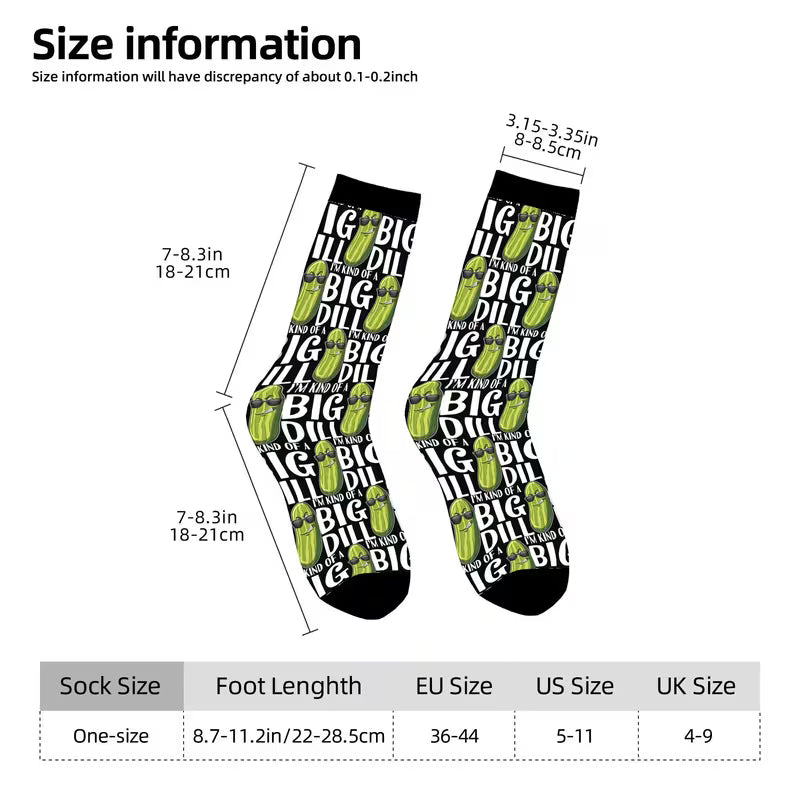 Black socks with white patterns and size chart on a white background