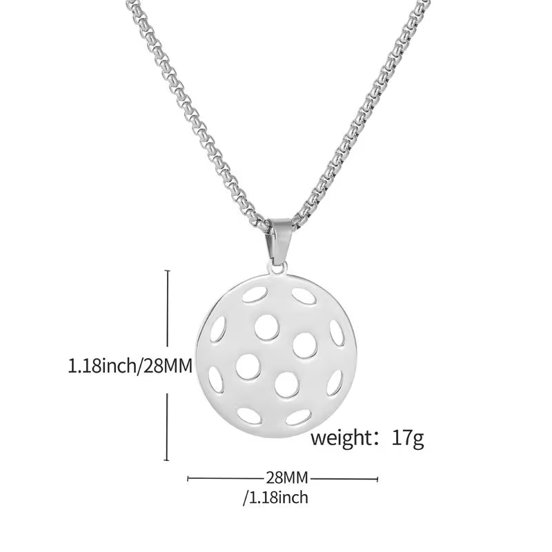 Silver-toned round pendant necklace with circular cutouts, shown on a white background with dimension lines and text indicating 28mm diameter, 1.18inch height, and weight 17g.