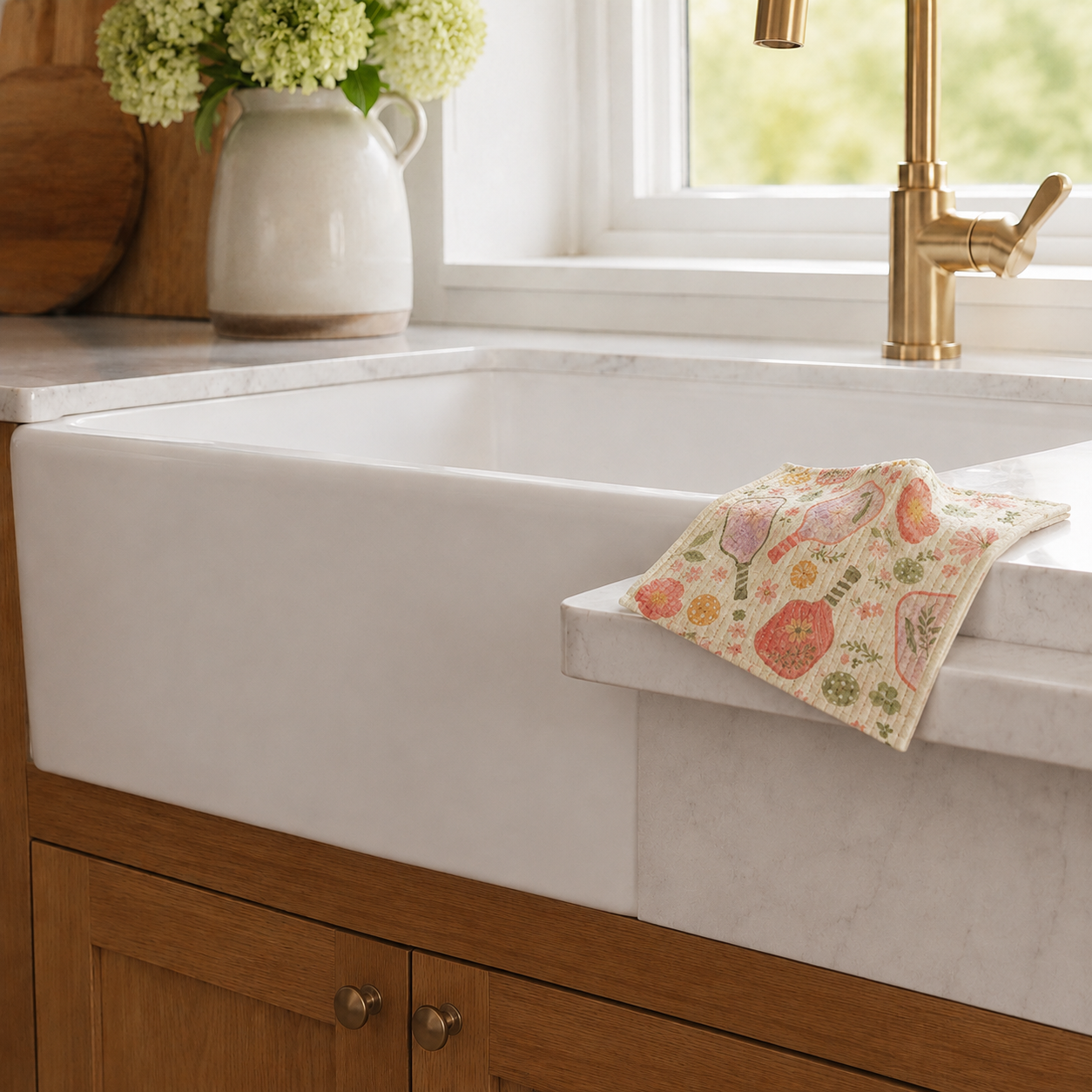 Floral Paddle Club Swedish dishcloth beside a farmhouse kitchen sink