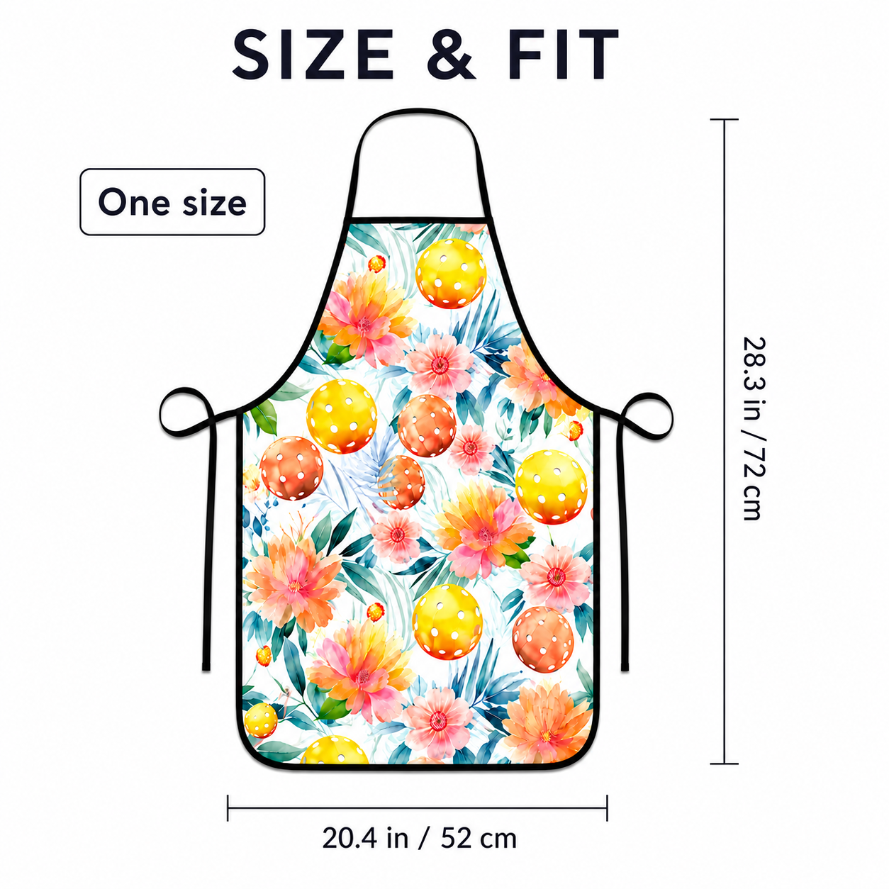 Floral pickleball apron dimensions: 20.4 inches wide by 28.3 inches long