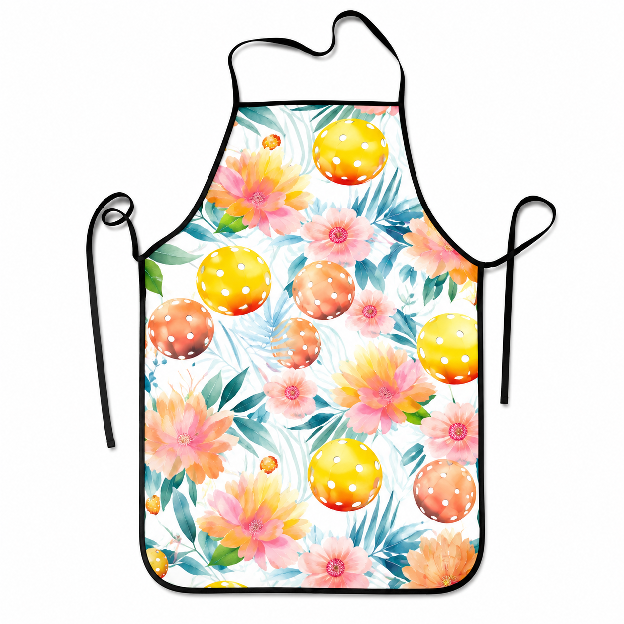 Floral pickleball apron with black ties shown on a clean white background