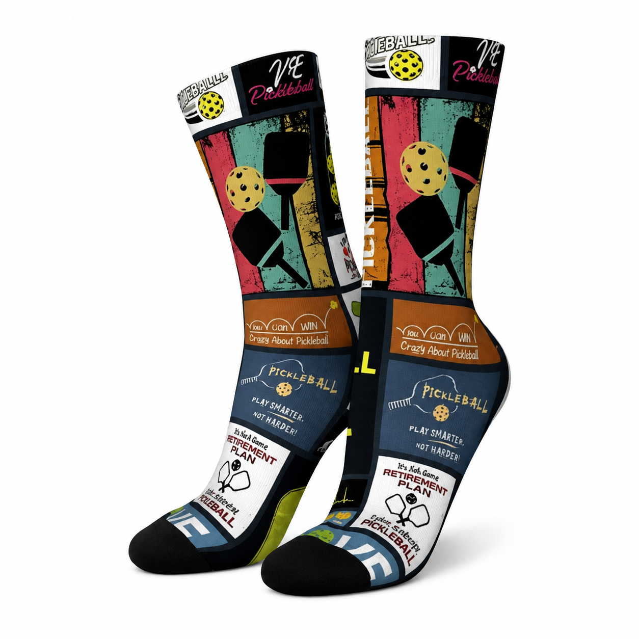 Frame Worthy colorful pickleball crew socks pair on a white background