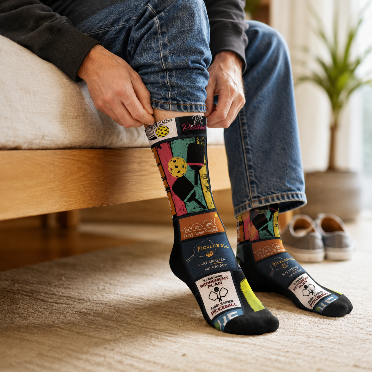 Man in straight-leg jeans pulling on colorful Frame Worthy pickleball crew socks
