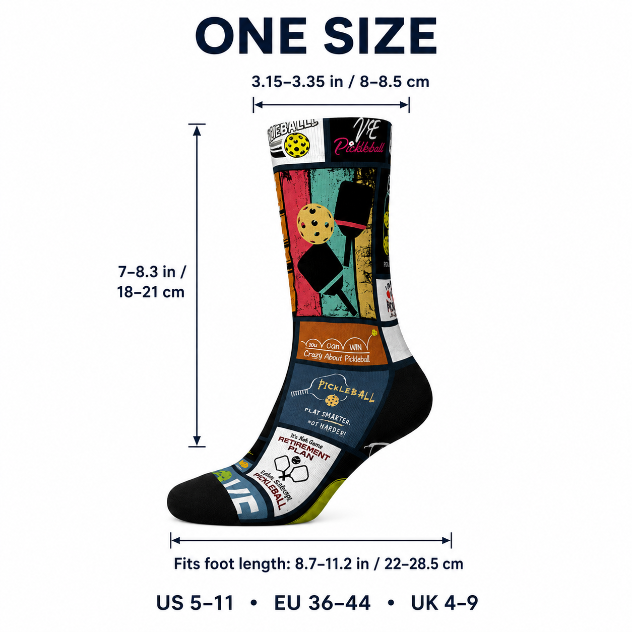 Frame Worthy pickleball socks one-size measurement guide with inches listed before centimeters