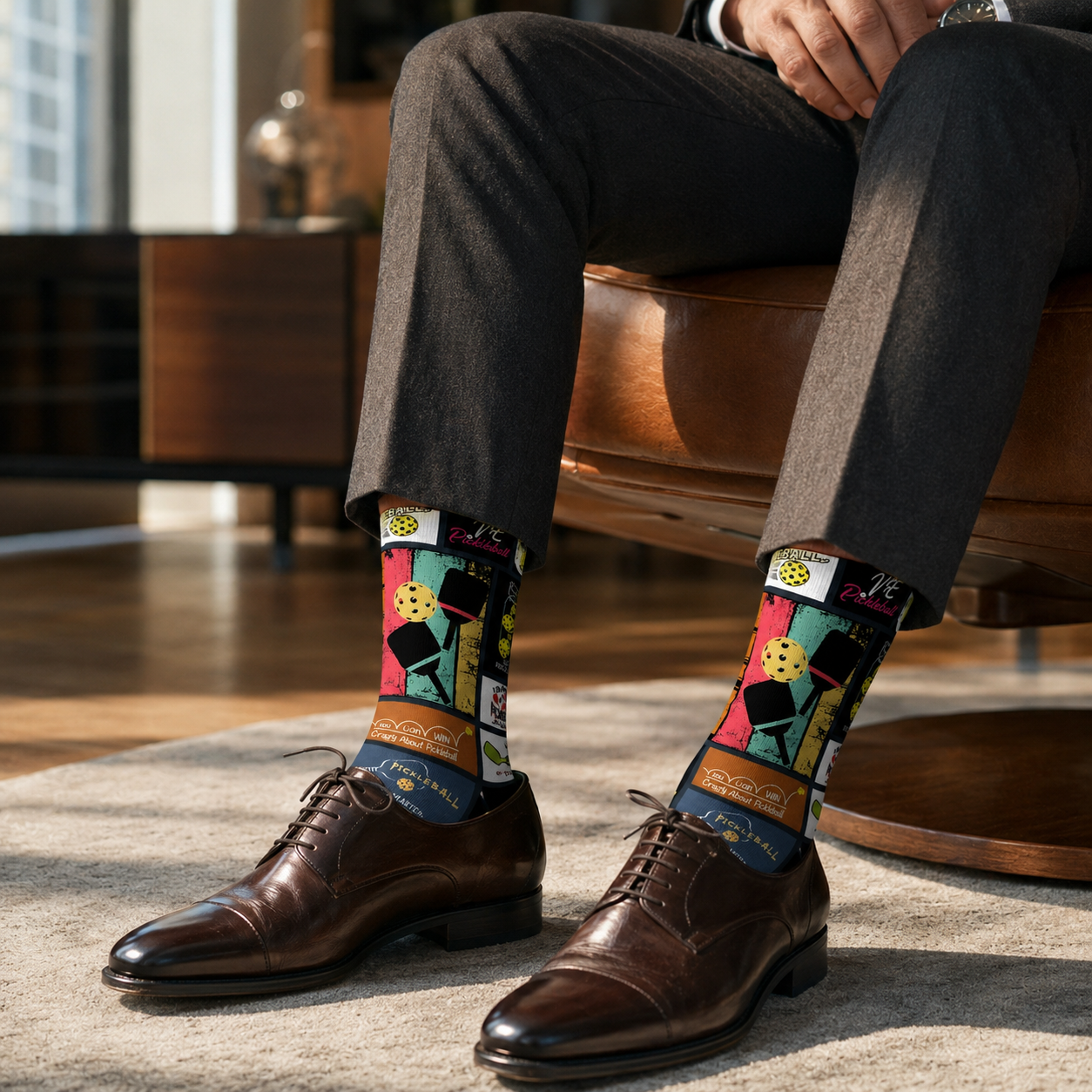 Man styling colorful Frame Worthy pickleball socks with charcoal suit pants and dress shoes