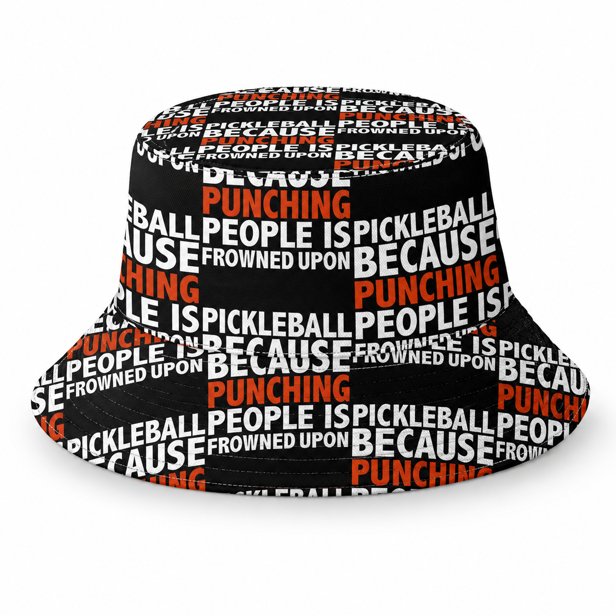 Funny pickleball bucket hat with black, white and red all-over text design on white background