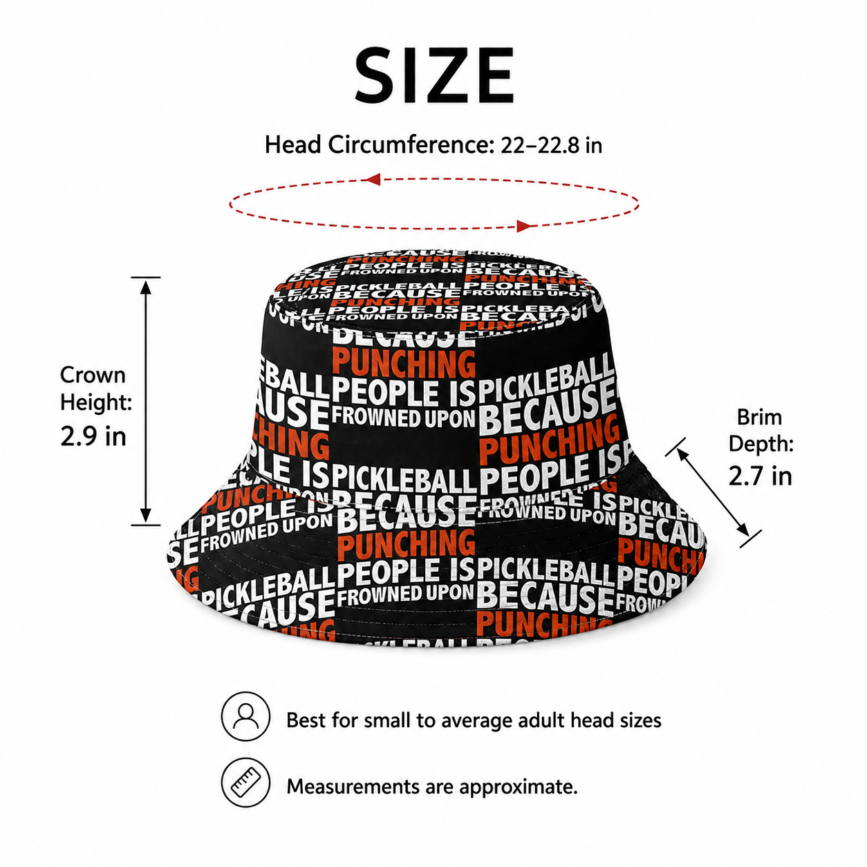 Funny pickleball bucket hat size guide showing 22 to 22.8 inch head circumference, 2.9 inch crown height and 2.7 inch brim depth