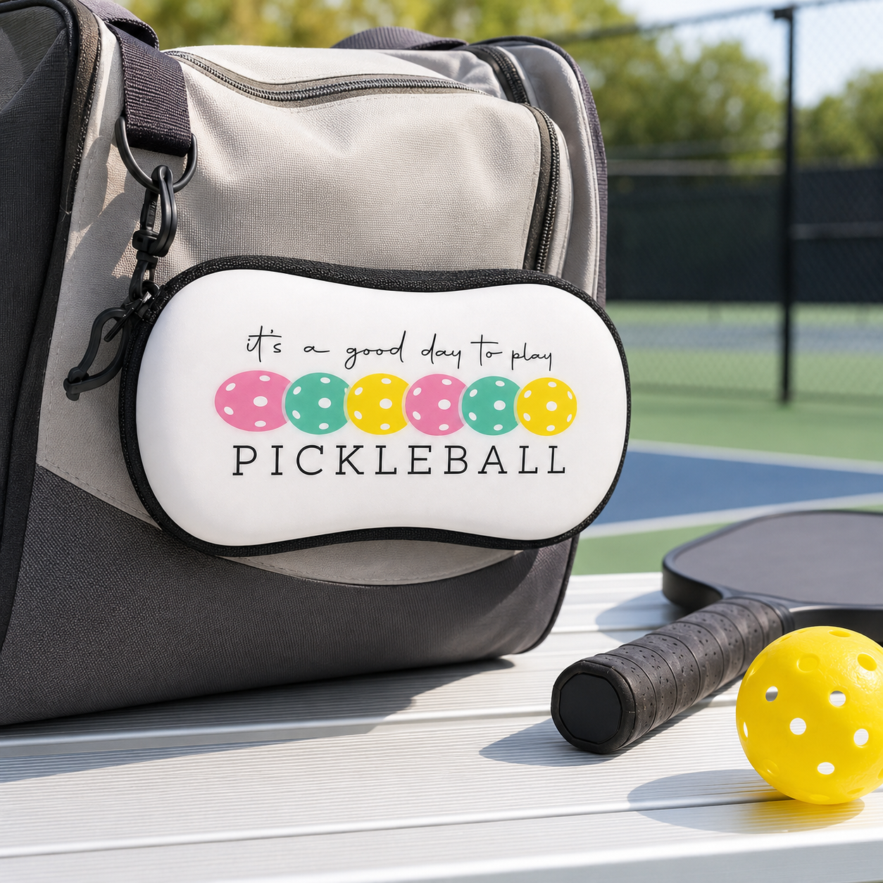 Pickleball eyeglass case clipped to a court bag