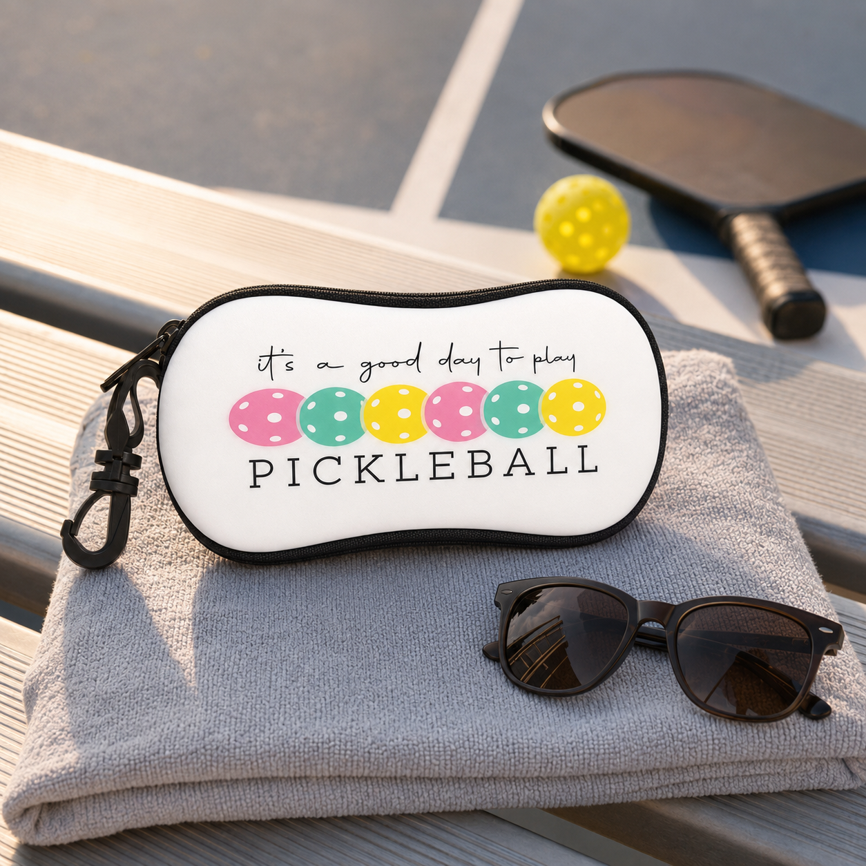 Pickleball eyeglass case with sunglasses on a court towel