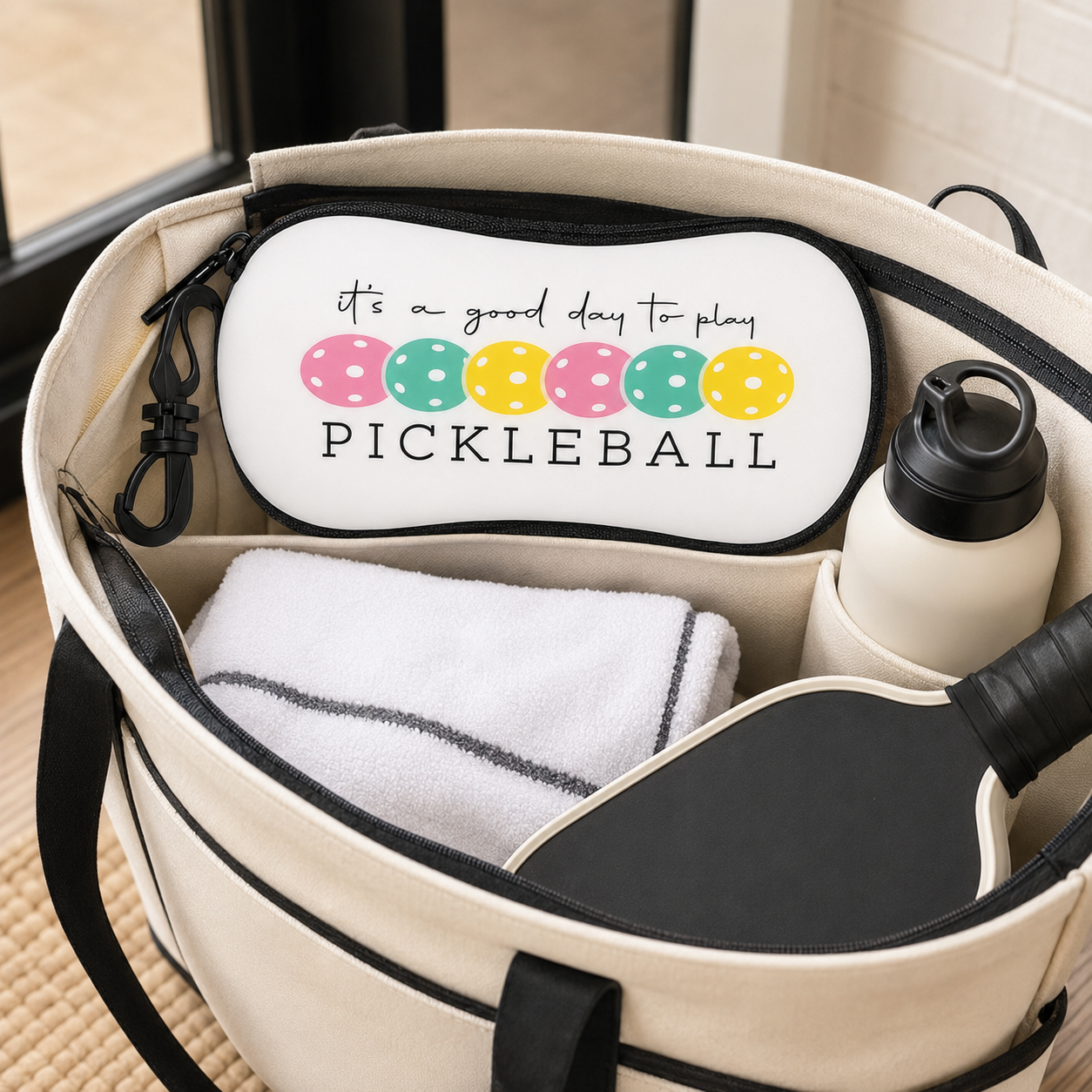 Pickleball eyeglass case packed inside an organized court tote